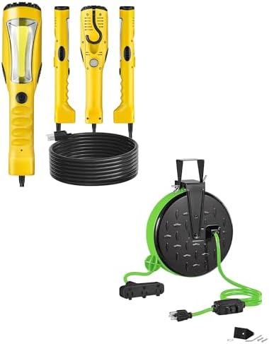 18W LED Work Light and 30 Ft Retractable Extension Cord Reel Bundle, for Garage, Workshop, Car Repair Scene, ETL Listed Y04WL06-J30CR06