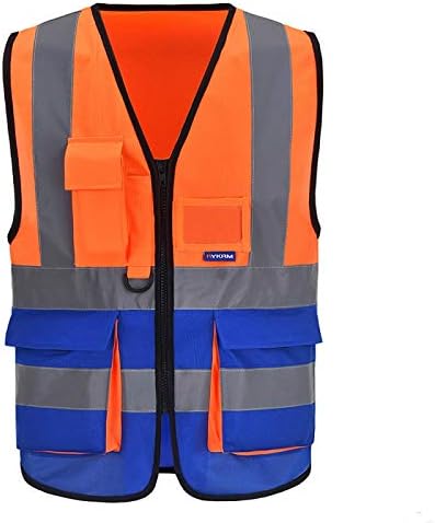 A-SAFETY High Visibility Reflective Vest, Mic Tabs, Zipper, Orange/Blue, M | Orange/Blue M work vest with reinforced pockets, black front zipper and clear ID holder for utility maintenance; unisex.