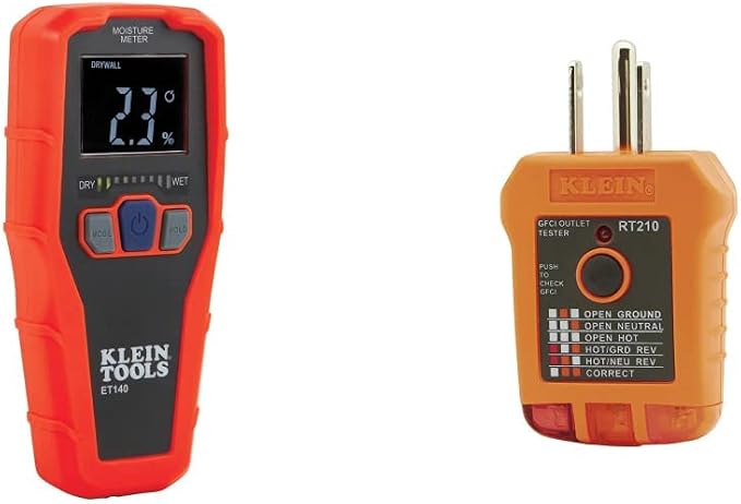Klein Tools ET140 Pinless Moisture Meter & RT210 Outlet Tester, Receptacle Tester for GFCI/Standard North American AC Electrical Outlets, Detects Common Wiring Problems