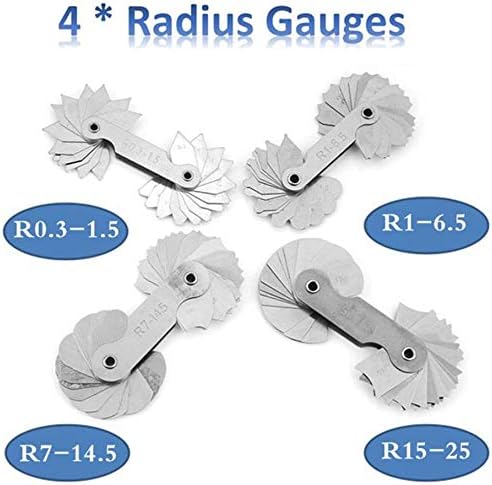 Radius Gauge Set ，4pcs Stainless Steel Radius Fillet Gauge Measuring Tool R0.3-1.5/ R1-6.5/ R7-14.5/ R15-25