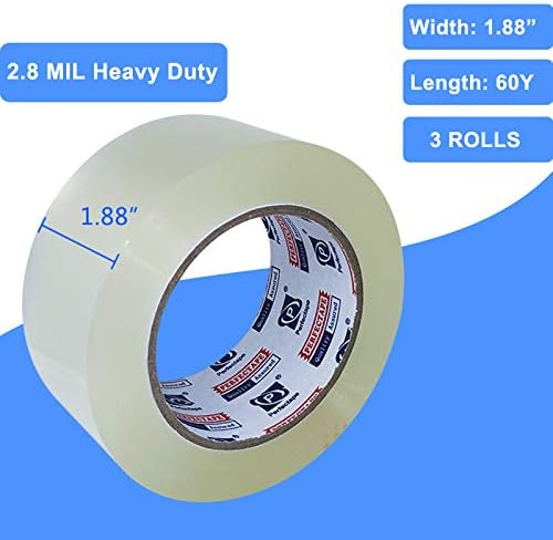 PERFECTAPE Heavy Duty Packing Tape with Dispenser, 3 Rolls, 1.88" x 60Y | Total 180 Yards, Clear, 2.8 mil, Ultra Strong, Refill for Packaging and Shipping