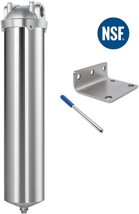 NSF/ANSI 42 Stainless Steel Whole House Water Filter Housing, 20" x 2.5" Sediment Water Filter System for Heavy Duty, Well & City Water, 1" NPT Port, Drain Valve Style C (Square Head)