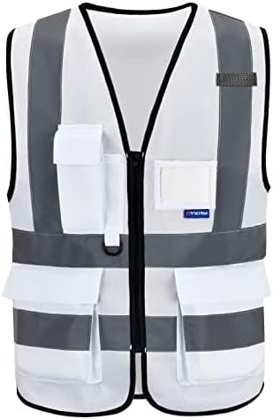 A-SAFETY Hi-Vis Reflective Vest, Transparent ID Pocket, Zipper, White, 3XL | White 3XL safety vest with 7 pockets, transparent ID pocket and radio mic loop for authorized visitors; unisex workwear.