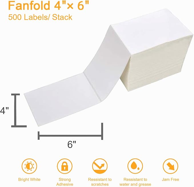 【2000 Labels/4 Stacks】 Labelebal 4" x 6" Fanfold Direct Thermal Labels (101mm x 152mm) Shipping Address Mailing Postage Labels Compatible for Zebra & Rollo Printer Adhesives (500 Labels/Stack)