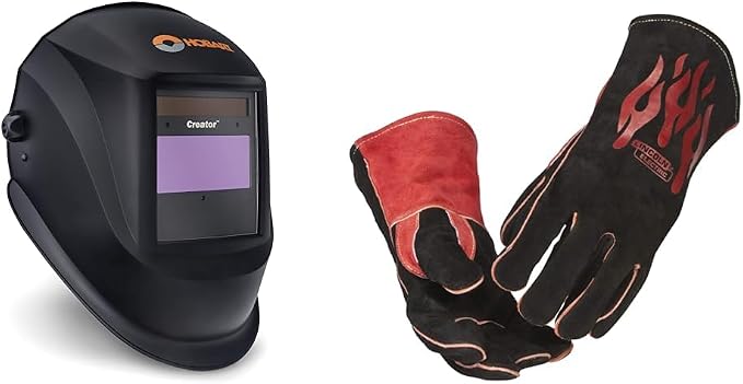 Hobart 770866 Auto-Darkening Welding Helmet Bundle with Lincoln Electric K2979-ALL Traditional MIG/Stick Welding Gloves, Black, Red
