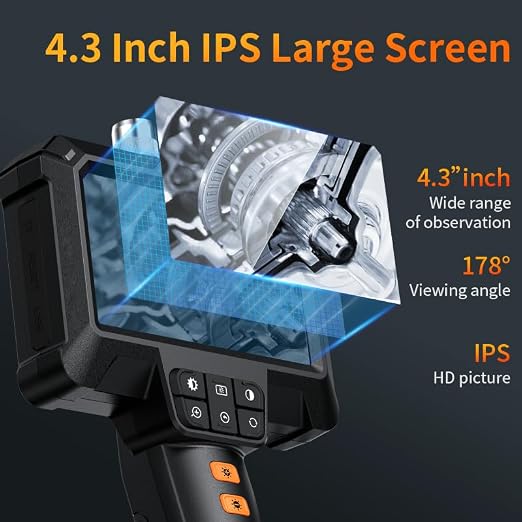 Borescope, Lighted Endoscope Camera, 2.0 MP HD Inspection, 4.3 Inch IPS Screen 1080P HD, IP67 Waterproof Pipe Snake Camera, 16.5ft Semi-Rigid Sewer Lens