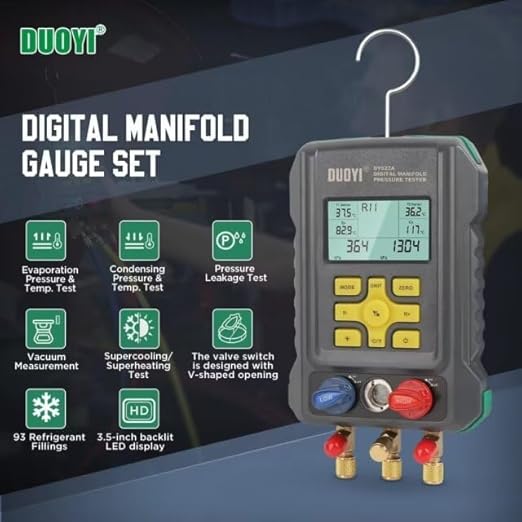 Digital Manifold Gauges HVAC for 92 Refrigerant Digital Gauges HVAC pressure&Temp Test Air Conditioning Tools & Equipment Supercooling/Superheating Test,for Cold Storages/Refrigerators AC Recharge Kit
