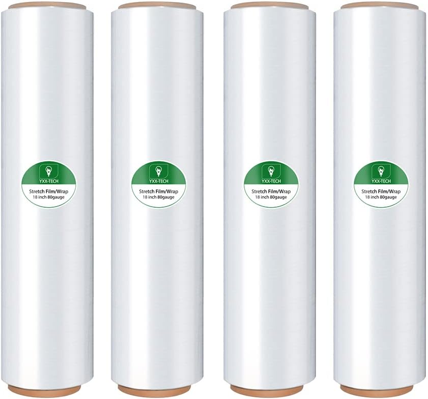 Shrink Wrap Rolls, Stretch Wrap 18in x 1500ft 4 Pack, Heavy Duty Pallet Wrap | Crystal Clear, Self-Adhesive Cling, Industrial Strength, 80 Gauge Industrial Strength, for Moving Packing Shipping