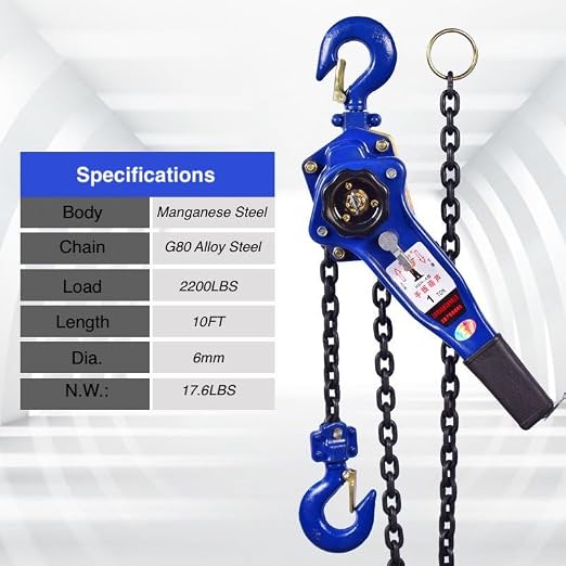Hand Chain Hoist 1 Ton 10ft Chain Block and Tackle Pulley System, 6mm Chain Come Along Winch Heavy Duty Block Chain Fall Hoist, G80 Chain Lever Hoist Garage Chain Lift