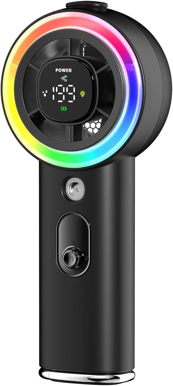 Portable Handheld Turbo Fan with Mist, Ice Cooling Powerful Fan 26000 RPM, 1-199 Speed Adjustable Personal Fan, Dynamic RGB Light, LED, 5000mAh Battery, Flashlight for Travel Office, Home and Outdoor