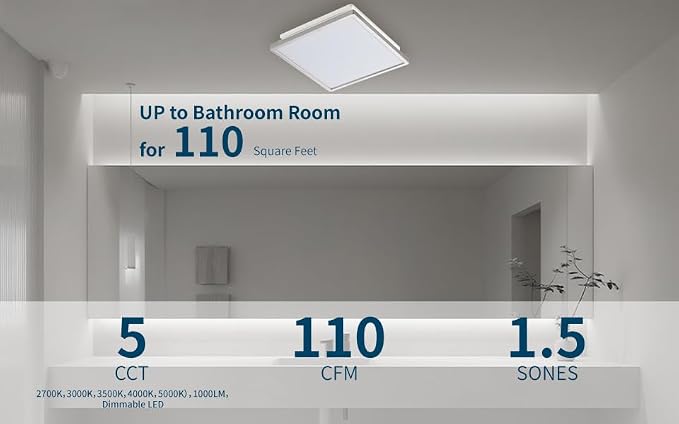 Tech Drive Modern Nickel Bathroom Fan with Light, 4 Inch Duct | 110CFM