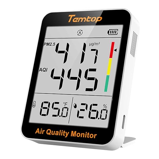 Temtop Air Quality Monitor with Indoor Thermometer & Thermo-Hygrometer – PM2.5, AQI, Temperature and Humidity Meter for Home, Office, Nursery, School, 60-Day Battery Life