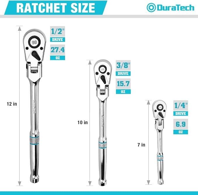 DURATECH 3-Piece Flex-Head Drive Ratchet Handle, 1/4", 3/8", 1/2" 90-Tooth Quick-Release Ratchet Wrench with 180° Pivoting Head & 7-Position Setting, Reversible, CR-V Made, Full Polished,Gifts for Men