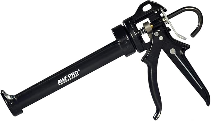 AWF PRO Heavy Duty Caulk Gun, 18:1 Thrust Ratio, Steel Frame Construction, Rotating Barrel, Ladder Hook, Puncture Tool & No Drip Pressure Release Tab, 10 oz Caulking Gun