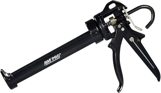 AWF PRO Heavy Duty Caulk Gun, 18:1 Thrust Ratio, Steel Frame Construction, Rotating Barrel, Ladder Hook, Puncture Tool & No Drip Pressure Release Tab, 10 oz Caulking Gun