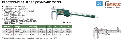 INSIZE 1108-150CAL Electronic Caliper with ISO17025 Calibration Certificate, 0-6"