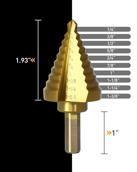 COMOWARE 10-Size Step Drill Bit for Metal, 1/4” to 1-3/8" Titanium HSS Unibit. Double Flute Design for Precise Holes in Steel, Aluminum, Plastic & Wood. Tri-Flatted Shank for Secure Grip in Drills.