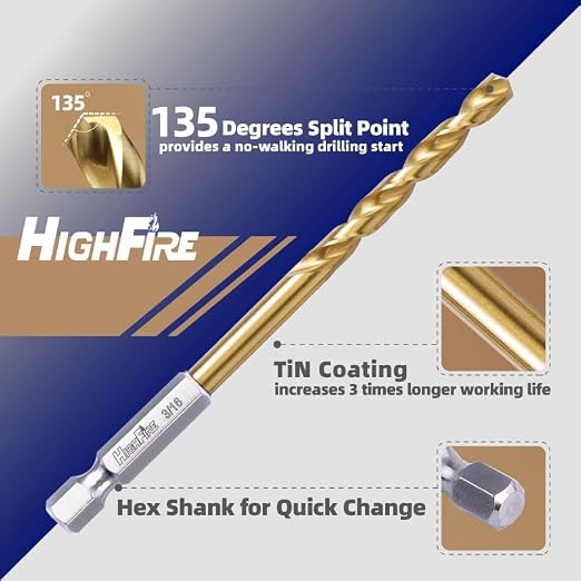 HIGHFIRE 3/16 Inch Twist Drill Bits - HSS Sharp Hex Shank, TiN Coated for Metal - Steel, Copper, Aluminum, Zinc Alloy (6 PCS Same Size in One Pack)