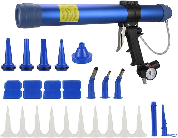 600ml Sausage Pneumatic Caulking Gun Silicone Sealant Gun Air Rubber Gun Caulk Applicator Tool with 10 Transparent Glue Nozzles