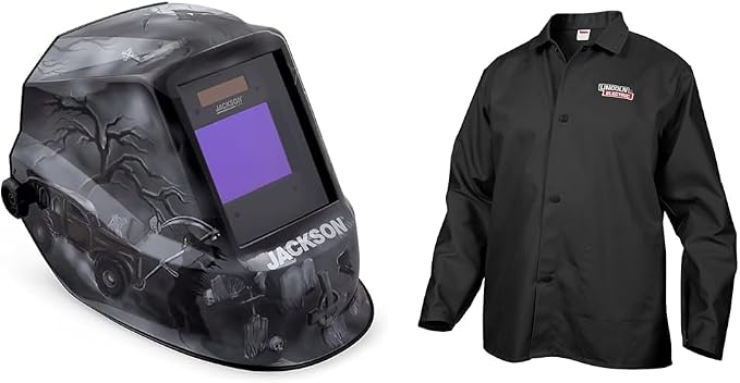 Jackson Safety Premium Graphic Welding Hood Bundle with Digital ADF - Ultra Lightweight Auto Darkening Welding Helmet and Lincoln Electric Black X-Large Flame-Resistant Cloth Welding Jacket