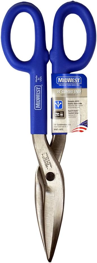 MIDWEST Combination Blade Pattern Tinner Snip - 14-Inch Straight/Wide Curved Metal Cutter with Forged Blades & Kush'n-Kote Grips - MWT-147C