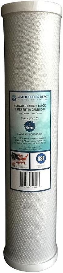 WFD, WF-CB205-BB 4.5"x20" Activated Carbon Block Water Filter Cartridge, Fits in 20" Big Blue (BB) Filter Housings (2 Pack, 5 Micron)