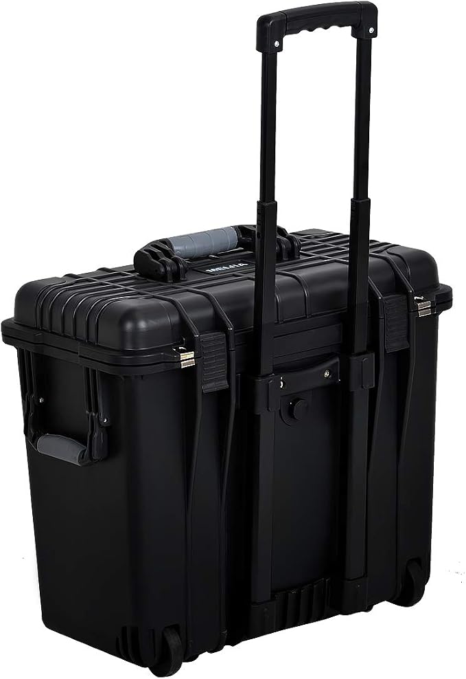 MEIJIA Waterproof Portable Equipment Hard Case With Retractable Pull Handle And Rolling Wheels,Customized Fit Foam Inserted, Elegant Black, Fit For Drones,Rifle,Camera,Lens,19.88X12.01 X18.11 inches