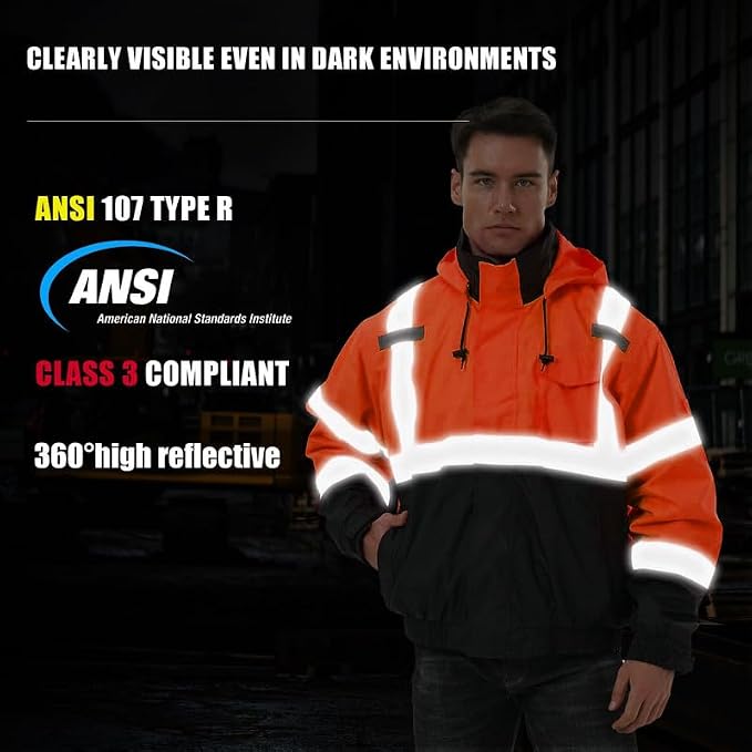 SKSAFETY 3-in-1 High Visibility Winter Bomber Jackets Zip Out Fleece Liner Reflective Safety Coats for men Waterproof ANSI/ISEA Class 3(Orange 2XL)