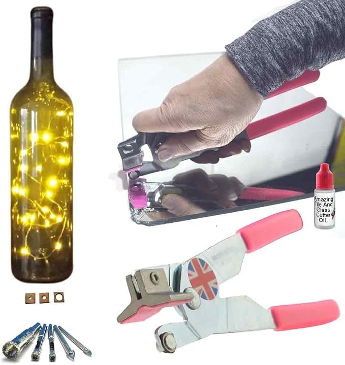 Mirror Cutter – Tool Kit – with Glass Drill Bits for Drilling Holes in Glass, Bottles and Quarter Plate, 2-in-1 Tool, Oil Plus Diamond Tip Drill Bits Inc Step-by-Step Instructions & Online Videos