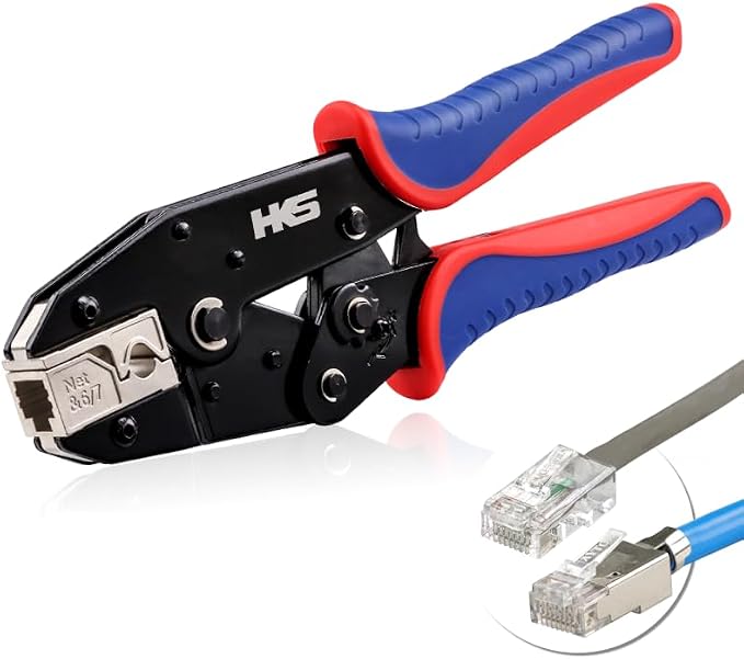 HKS Ratcheting RJ45 Pass Through Crimp Tool with Alloy Steel Jaws for Cat5 Cat6 Cat7（N567）