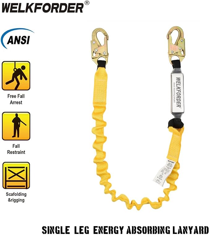 [2-Pack] 6-Foot Shock Absorber Stretchable Safety Lanyard with Double Snap Hook Connectors ANSI Z359.13-2013 Compliant Fall Protection Equipment