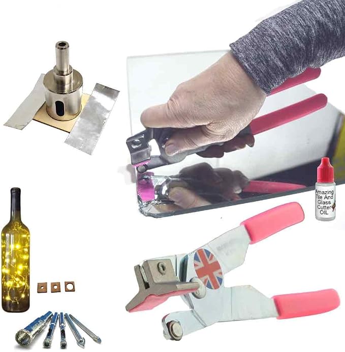 Mirror Cutting Tool - Kit for Glass – Drill Bits and Hole Saw Make Bottle Lights, Bird Feeders, Drainage in Pots, Cut Plates for Crafts, with Instructions How to Cut Mirrors and Drill Holes in Glass