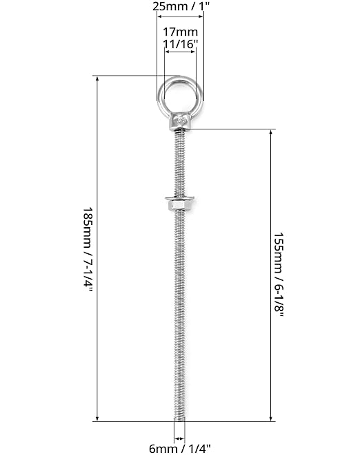 QWORK Threaded Eyebolts, 10 Pack 1/4" x 6" Long Stainless Steel Marine Grade Shoulder Eye Bolt