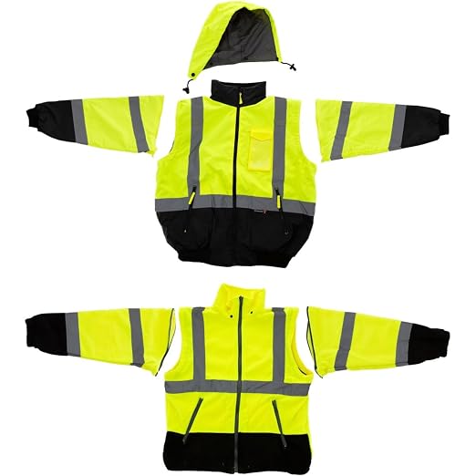 Majestic 75-1383/X2 High Visibility Yellow 8-in-1 Waterproof Jacket with High Visibility Liner, Removable Sleeves and Liner, PU Coated Oxford Fabric, ANSI 3 Type R, 2X-Large