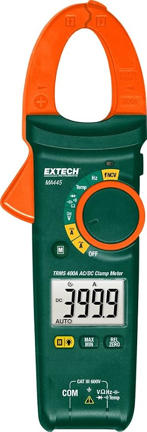 Extech MA445 400A True RMS AC/DC Clamp Meter with NCV Detector, 1.2" Jaw Opening, Backlit Dual Display, 40,000 Count Multimeter, Inrush Current, Frequency, Duty Cycle, Diode & Continuity Tester | 400A AC/DC, True RMS, NCV, inrush, frequency, duty cycle...