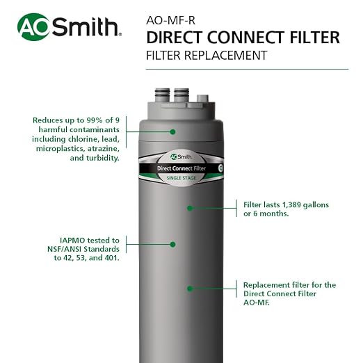 AO Smith Basic Direct Connect Under Sink Replacement Filter For AO-MF System - Carbon Block Filter Reduces Up To 99% Of 9 Harmful Contaminants - AO-MF-R