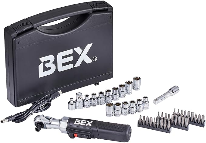 BEX 44pcs 2-in-1 3/8" Electric Ratchet Wrench and 1/4" Right Angle Screwdriver Kit for Tight Spaces USB-C Rechargeable, Socket & Bit Kit