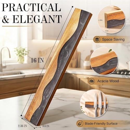 MEN WITH THE POT 16 Inch Acacia Wood Magnetic Knife Strip & Heavy Duty Stainless Steel Kitchen Shears Set, Multi-Purpose Kitchen Organizer & Cutting Tools