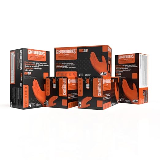 GLOVEWORKS 8 Mil Orange Nitrile Disposable Gloves Heavy Duty Industrial RDT for Mechanic and Automotive Medium 5 Boxes of 100