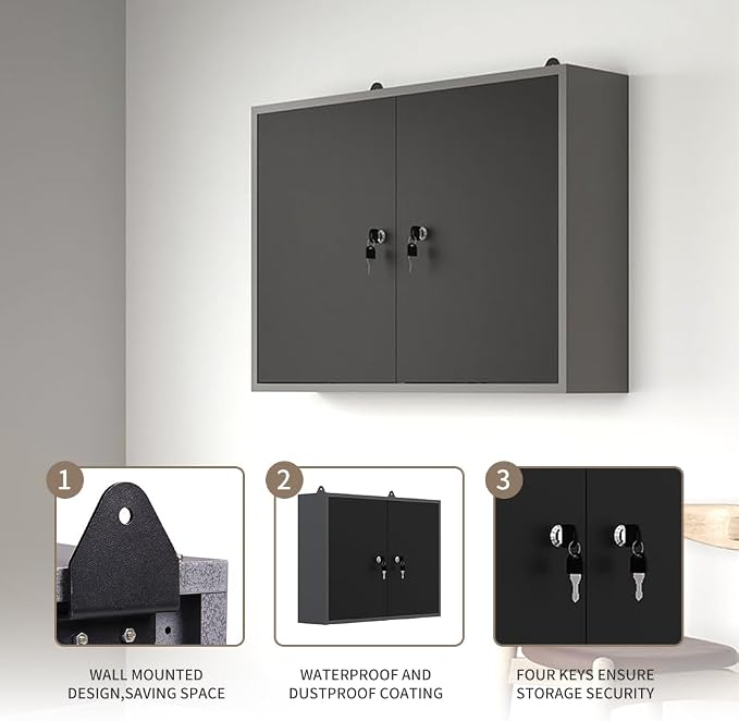 JZD Metal Wall Mounted Tool Cabinet with Lockable Doors, for Garage Basement Workshop, Black & Grey