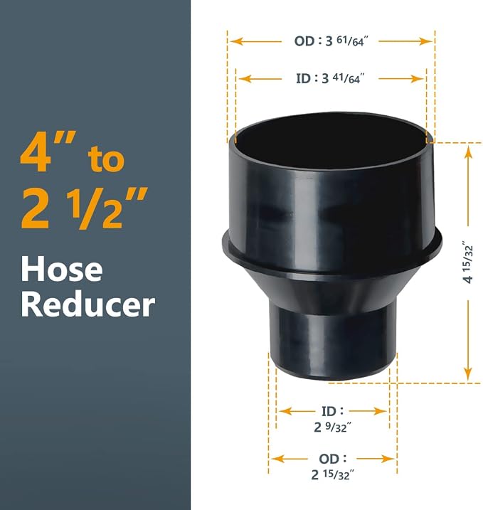 POWERTEC 70493 2-1/2" x 5' PVC Dust Collection Hose w/ 2pcs Stainless Steel Key Hose Clamps, 4" to 2-1/2" Reducer and 4" Dust Control Flex Cuff, for Table Saw, Band Saw, Router Table, Woodworking