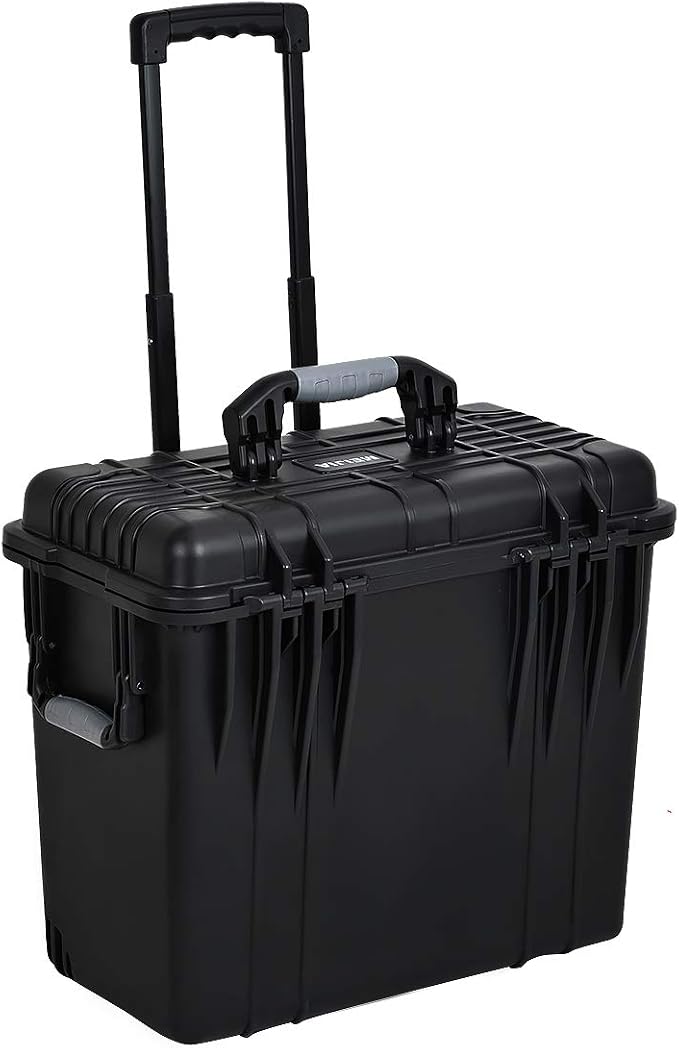 MEIJIA Waterproof Portable Equipment Hard Case With Retractable Pull Handle And Rolling Wheels,Customized Fit Foam Inserted, Elegant Black, Fit For Drones,Rifle,Camera,Lens,19.88X12.01 X18.11 inches