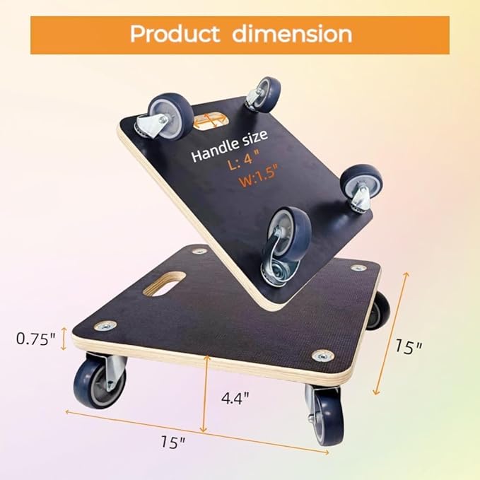 Hardwood Furniture Moving Wooden Dolly with 4 Rubber Silent Wheels,15 Inch Securely Holds 2204 Lbs Heavy Duty Rolling Mover for Piano Couch Fridge Washing Machine Big Plant, 2 Packs