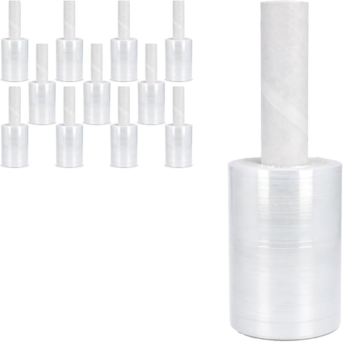 PSBM Mini Plastic Stretch Wrap Film with Handles 5"x1000' 80 Gauge 12 Rolls | Extended Core Handles, Heavy Duty Upto 500% Strength Plastic Shrink Film for Moving, Packing, Shipping & Industrial Packaging