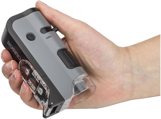 Carson MicroFlip 100x-250x, LED UV Pocket Microscope with Smartphone Clip, STEM Education (MP-250)