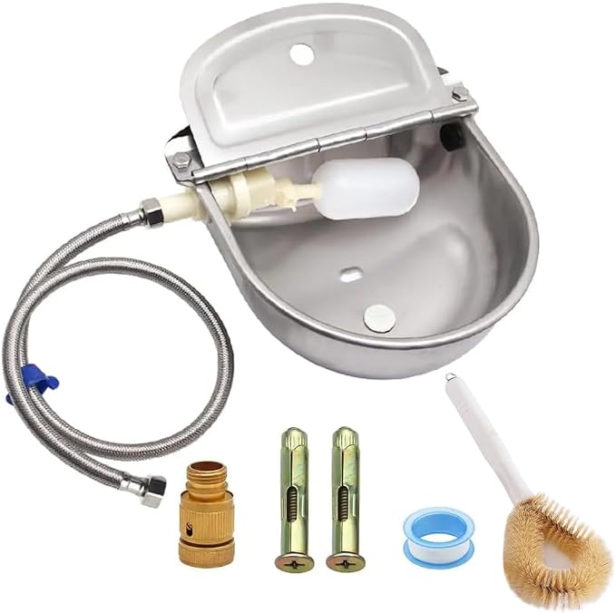 Automatic Animal Watering Bowl 304 Stainless Steel with Float Valve & Drainage Hole – Wall Mount Livestock Waterer for Dogs, Horses, Goats, Pigs, Chickens, Includes 39" Hose, 3/4" Adaptor
