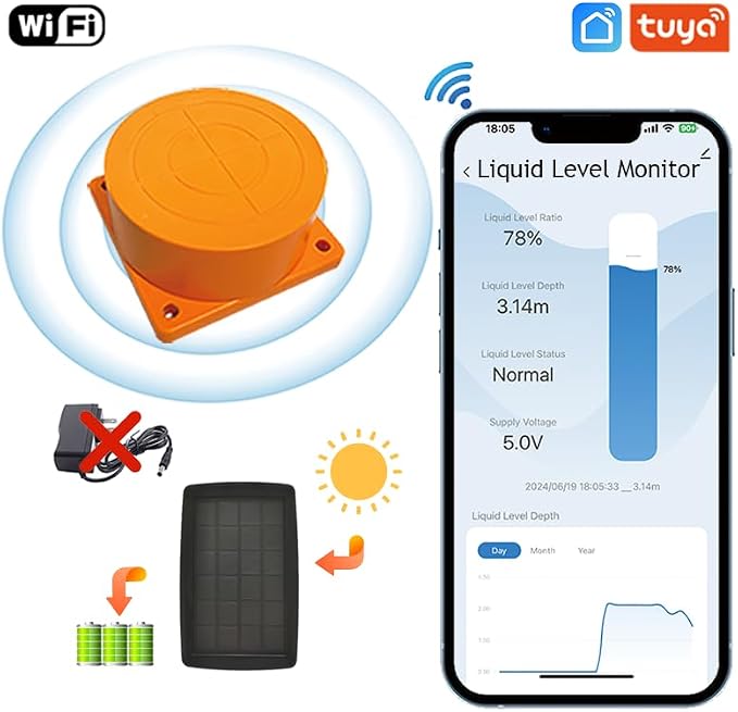 Moray Smart WiFi Water Level Sensor Water Tank Level Monitor Oil Tank Gauge Sensor Automatic Alarm Indicator for Tuya Smart Life Mobile APP Smart Home Remote Solar Power (ME201WS)