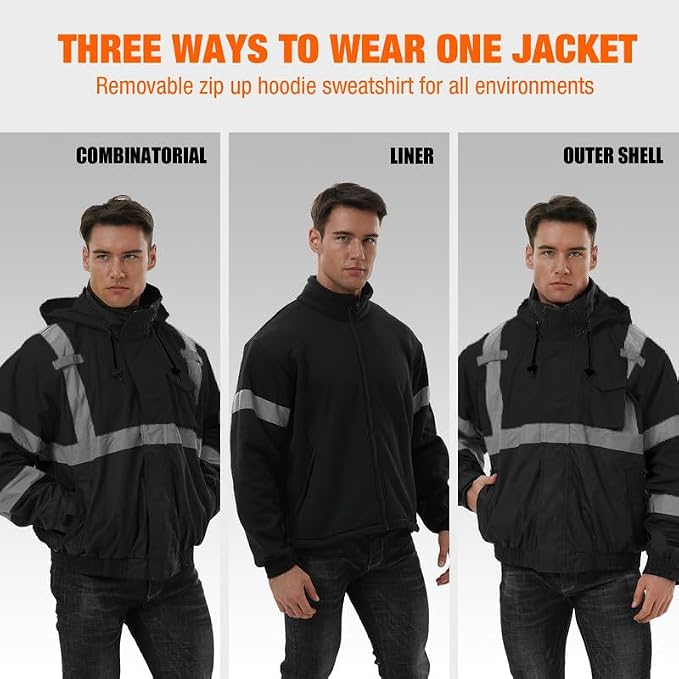 SKSAFETY 3-in-1 High Visibility Winter Bomber Jackets Zip Out Fleece Liner Reflective Safety Coats for men Waterproof ANSI/ISEA Class 3(Black 3XL)