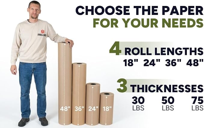 Paclord 18" x 5700" (475 feet) Natural Brown Kraft Paper Roll, 75 Lb Extra Heavy-Duty (Grocery Bag Grade) – Made in USA Large Size Roll of Brown Wrapping Paper, 3-inch Core – for Packaging, Shipping | 75 Lb Extra Heavy-Duty (Grocery Bag Grade) – Made i...