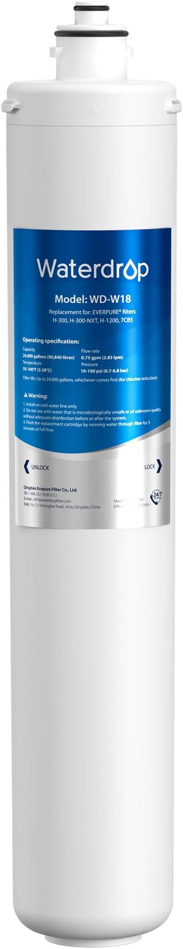 Waterdrop H-300 Under Sink Water Filter, Replacement for Pentair® Everpure H-300, H-300-NXT, 7CB5, EV9270-71, EV9270-72, EV9618-11, EV9855-50, EV9282-01, NSF/ANSI 42 Certified, 24000 Gallons